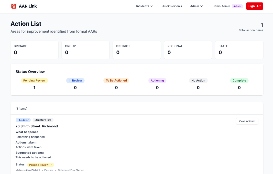 Action item tracking and management system showing task assignments and completion status