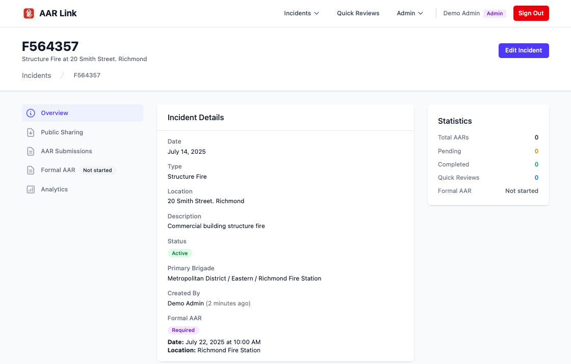 Incident management dashboard showing overall incident statistics and recent activity