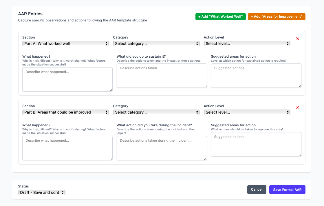 Formal After Action Review interface with detailed incident analysis and structured evaluation sections