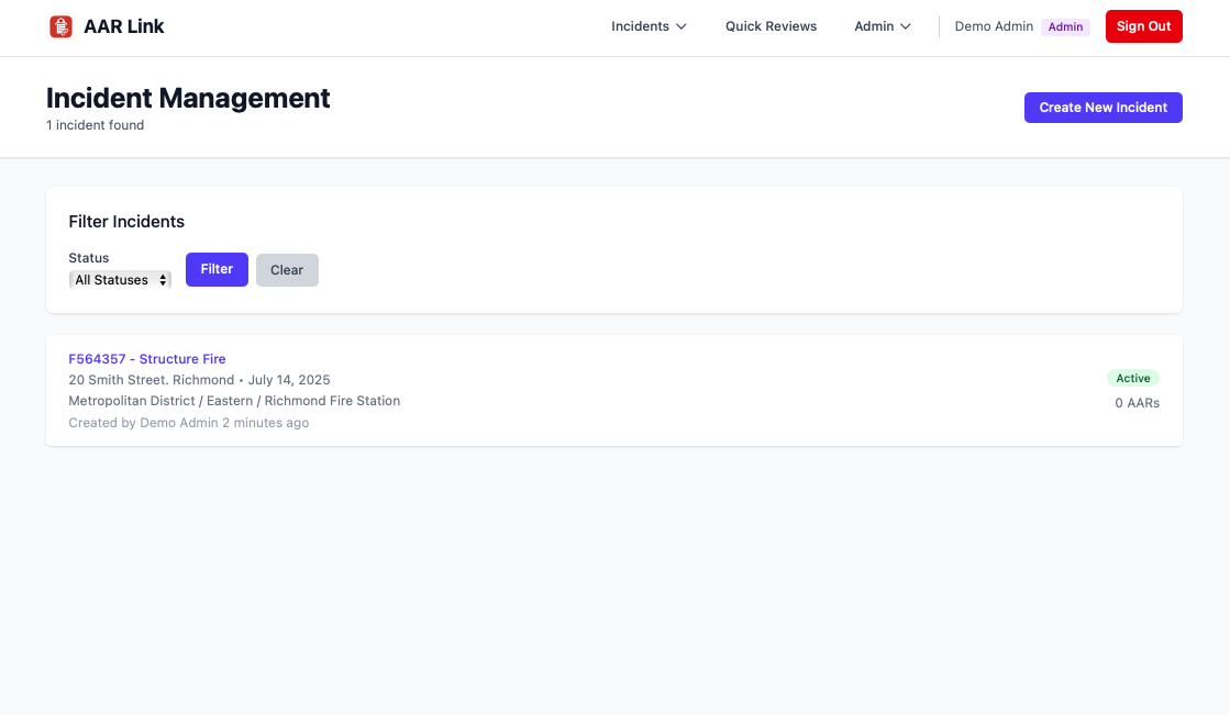 Comprehensive incident list view with filtering, sorting, and status tracking capabilities