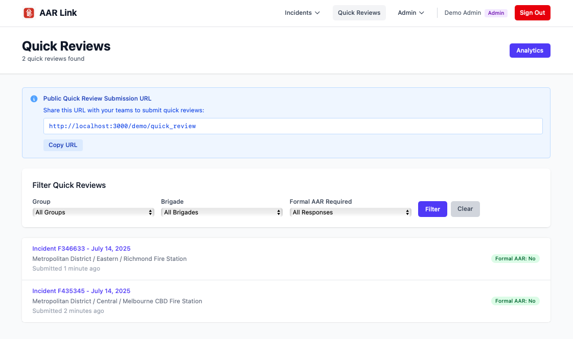 Quick Reviews Dashboard showing filtering options and recent incident submissions