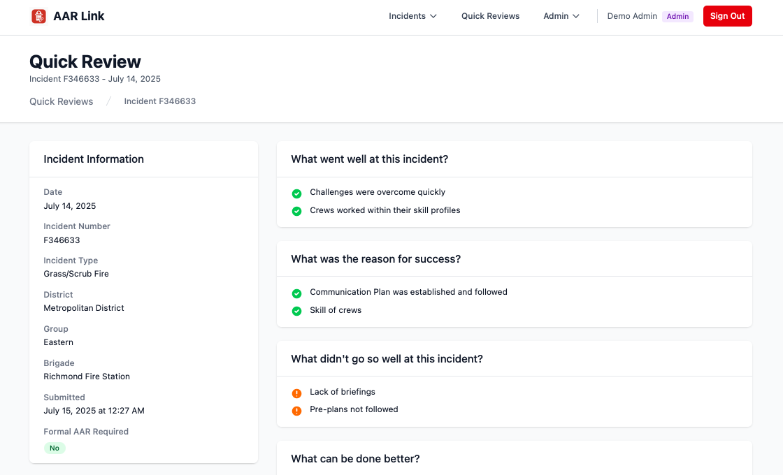 Quick Review results showing detailed incident information and categorized feedback responses