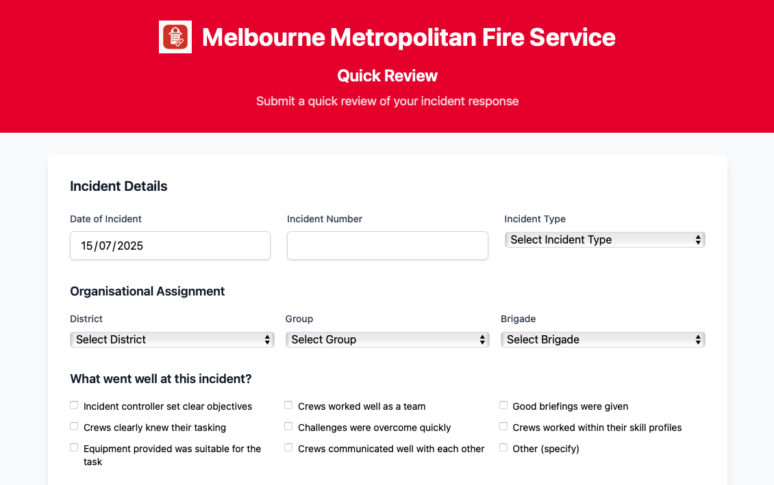 Quick Review form showing incident details, organisational assignment, and what went well questions